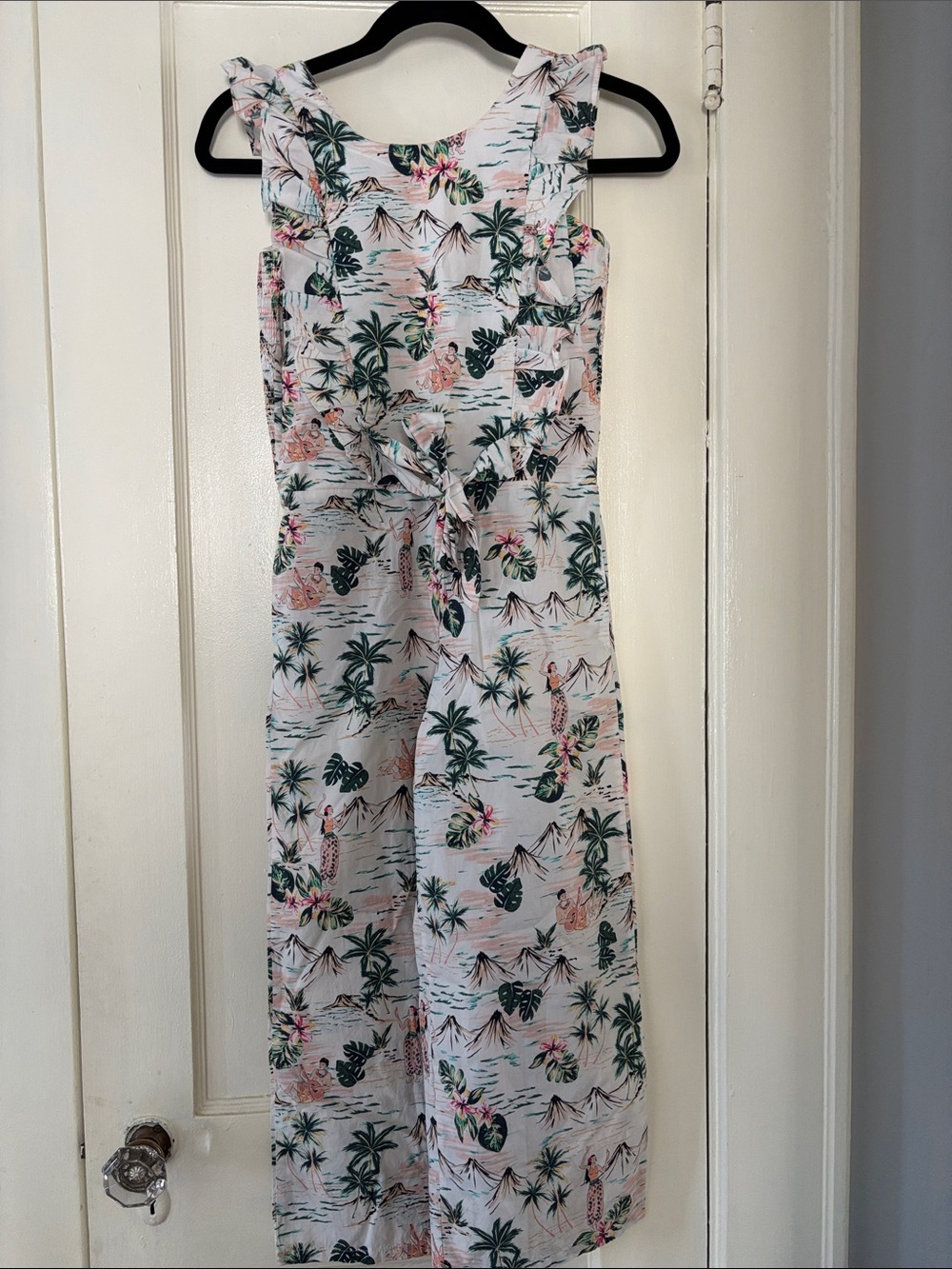 Classic Prep White Tropical-Print Ruffled Jumpsuit with Green Palm Motif
